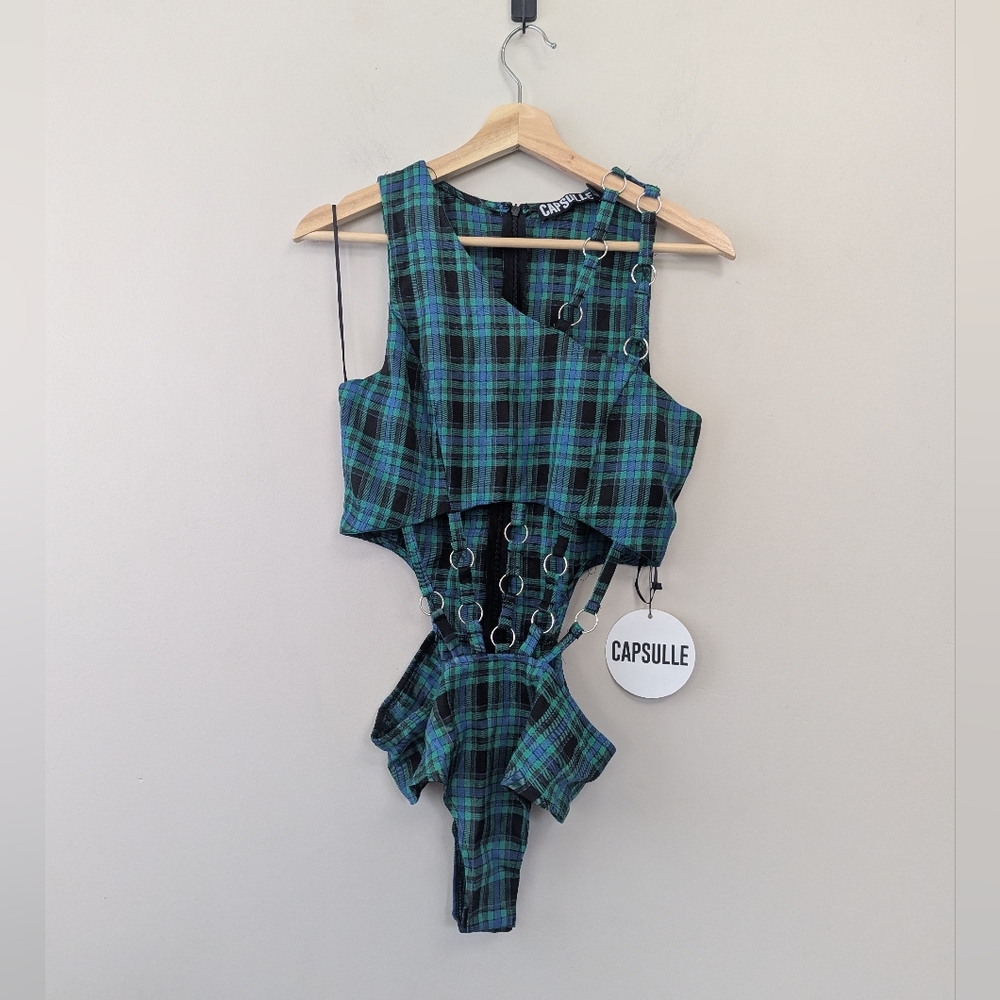 Capsule Dolls Kill Plaid O-ring Bodysuit Festival Rave ALT‎